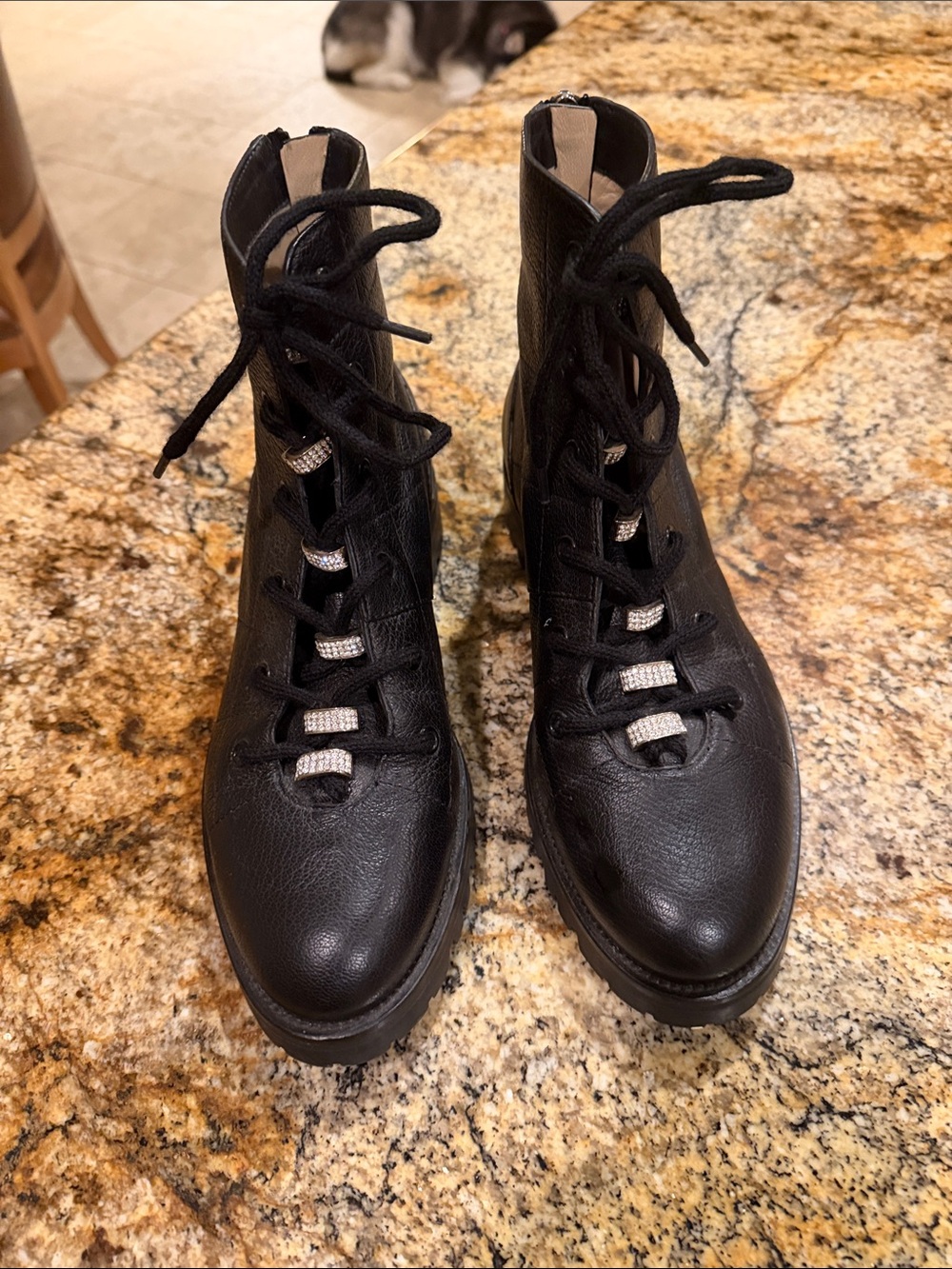 Jimmy Choo Black Leather Lace-Up Combat Boots with Crystal Eyelets